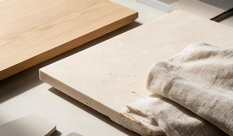 Campioni di rovere, pietra chiara e tessuto naturale disposti su un tavolo da lavoro